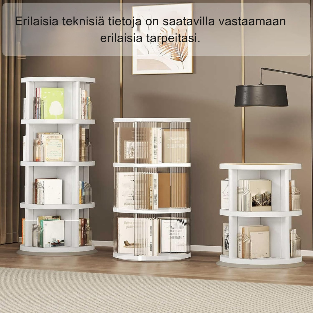 Rafna™ | Pyörivä Kirjahylly, Tyylikäs Muovirunko, Kompakti Kirjojen ja Median Säilytys